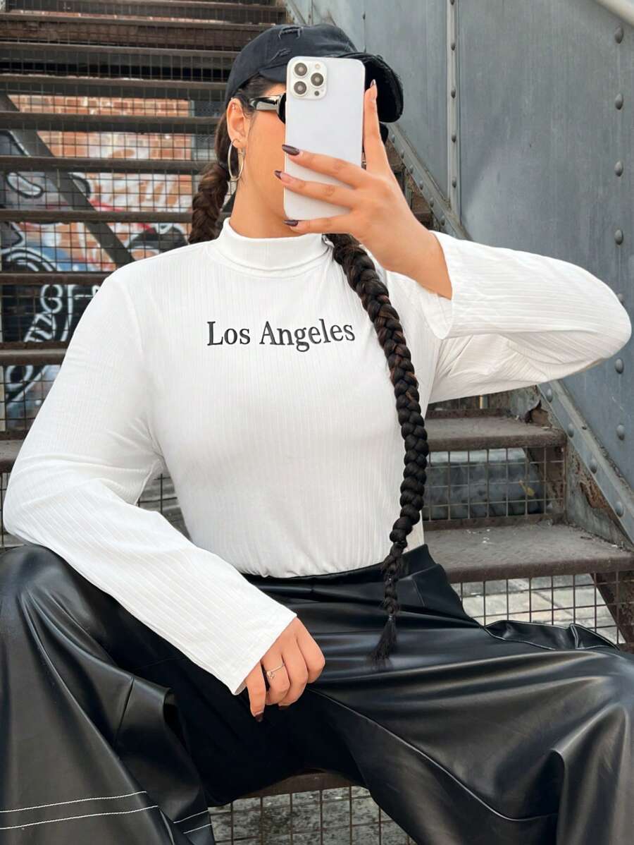 SHEIN EZwear Hơn Đồ họa Chữ cái Áo cao cổ Áo thun - trắng - Xem 1