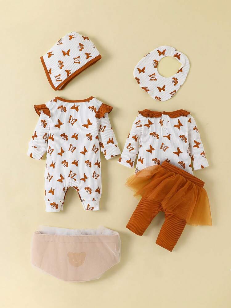 Baby Girls' Multi-Piece Set With Ribbed & Solid Butterfly Print Fashionable Comfortable Gift Set For Autumn And Winter