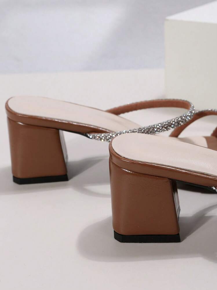 Cream Square Toe Chunky Heel Sandals For Women, Elegant French Style Crystal High Heels Suitable For Dates, Banquets, Commuting, Parties, Summer & Autumn - Brown - View 3
