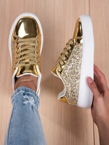 Fall/Winter Women's Casual Sports Shoes, Fashionable All-Match Shiny Surface Women's Shoes, Comfortable And Lightweight Skate Shoes,Sneakers For Women - Gold - View 4