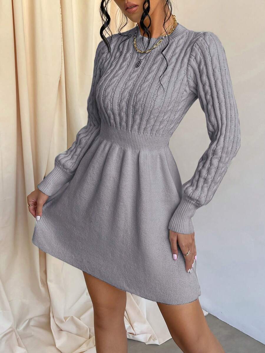 Cloudara Solid Color Knitted Sweater Dress - Grey - View 1
