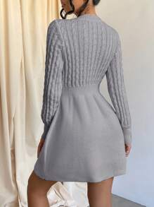 Cloudara Solid Color Knitted Sweater Dress - Grey - View 2