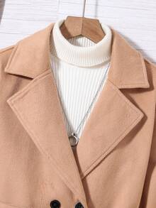 Teen Girls' Lapel Collar Double-breasted Belted Woolen Coat - Apricot - View 5