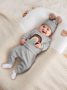 SHEIN Baby Boy Three-Color Rainbow Embroidery Round Neck Sweatshirt And Pants Set - Light Grey - View 5
