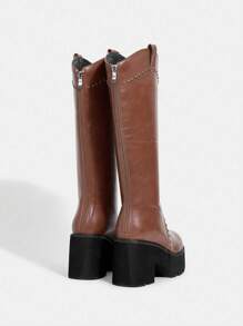 SheIn ICON Casual Women'S Reddish Brown High Heel Knee-High Boots With Back Zipper And Stud Decor