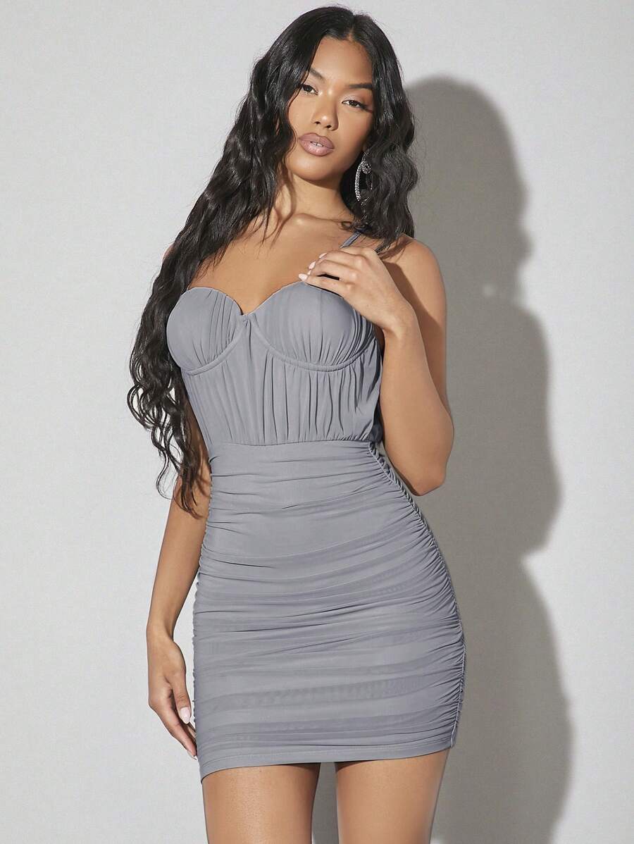 SHEIN BAE Abito Aderente Con Reggiseno Arricciato In Rete Da Donna - Grigio - Visualizzare 1