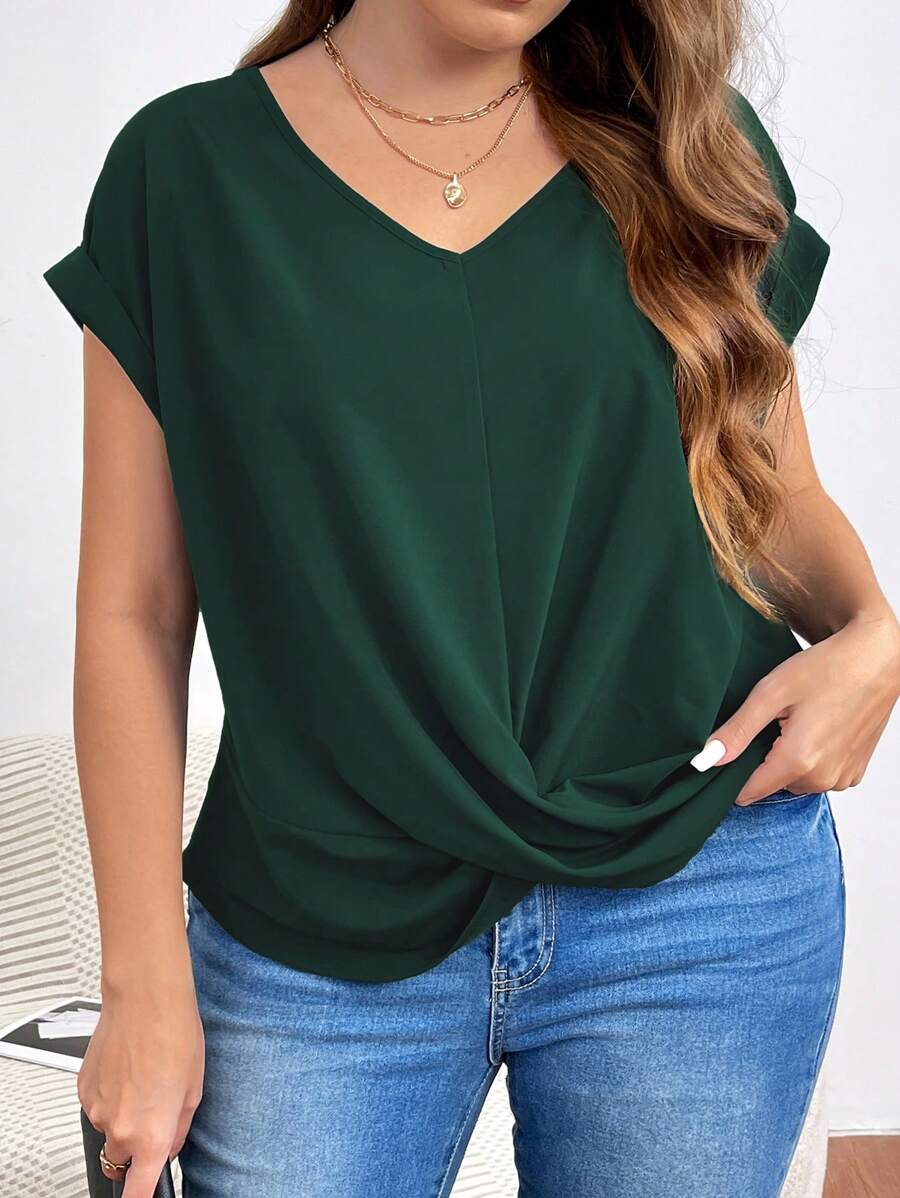 SHEIN Frenchy Plus Size Women's Twist Knot Hem Batwing Short Sleeve V Neck Green Blouse