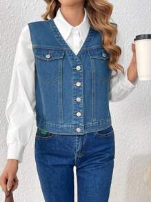 SHEIN Frenchy Denim Vest With Flip Detail, Button Up - Dark Wash - View 1
