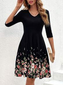 SHEIN Clasi Women's Slim Fit V-neck Black Dress With Floral Print - Multicolor - View 4