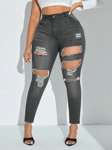 Kích thước lớn Thon gọn Quần jean Distressed - Xám - Xem 2