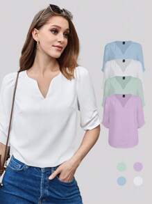 BizChic Women's White Solid Color V-Neck Puff Sleeve Ruched Blouse, Elegant For Work Commute