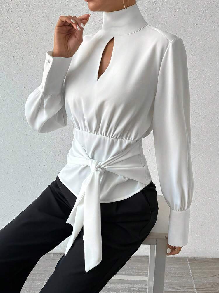 High Collar Knotted Front Solid Color Top