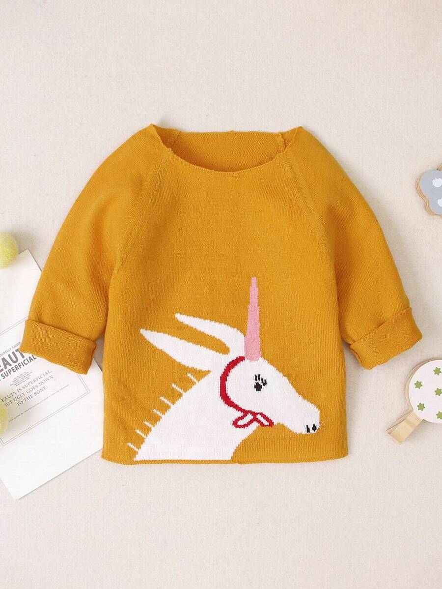 SHEIN Little Girls' Cartoon Pattern Raglan Sleeve Sweater - Yellow - View 1