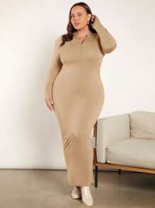 SHEIN BASICS Plus Size Solid Color Half Zippered Bodycon Dress With Long Sleeve - Khaki - View 3