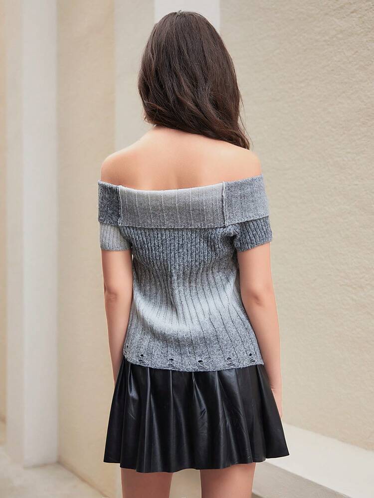 Asymmetrical Hem Gradient Knit Top With Off-Shoulder Neckline