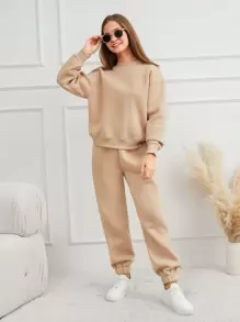 RueChic Teen Girl Drop Shoulder Sweatshirt And Jogger Pants Set - Beige - View 3