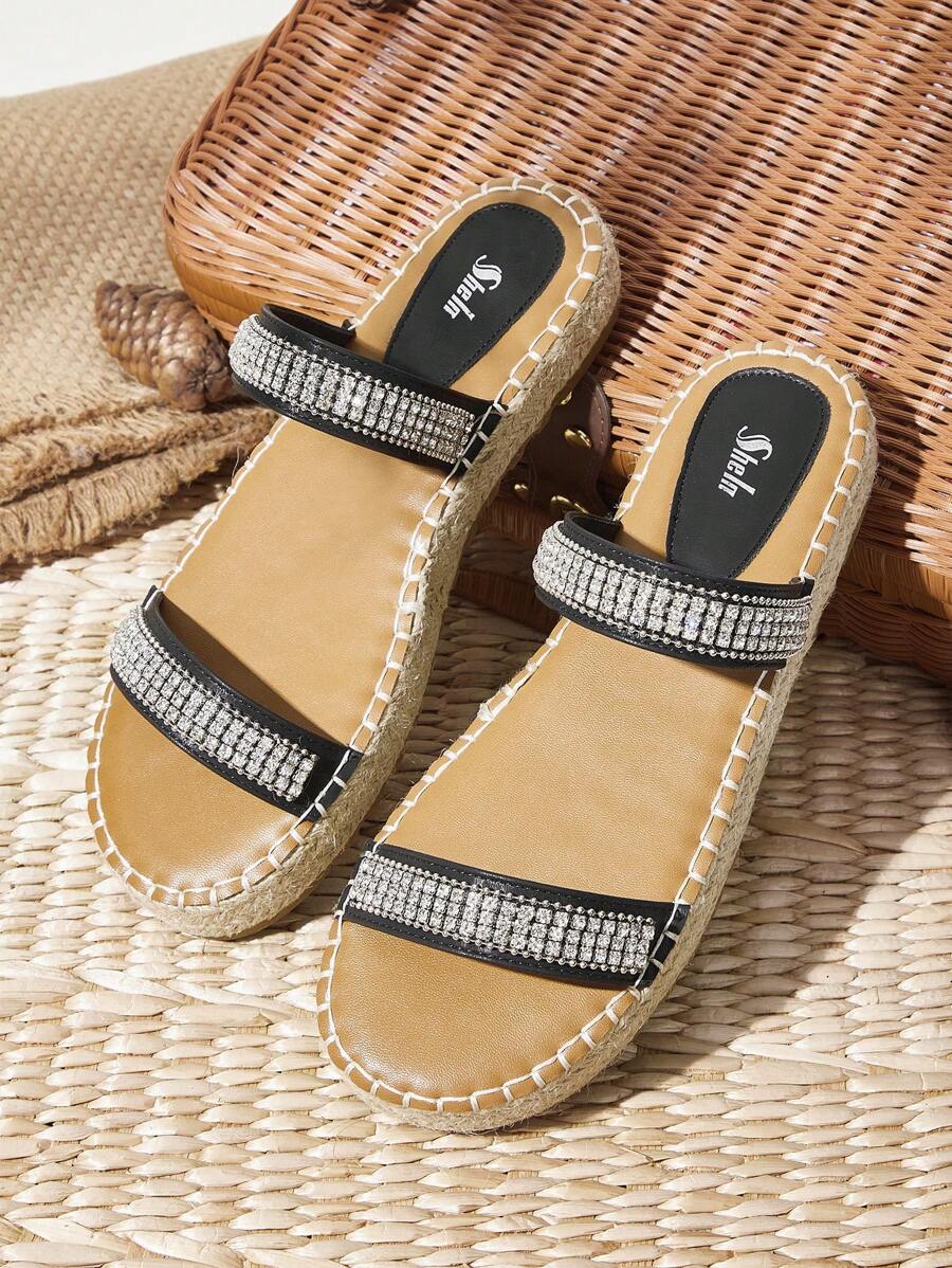 SheIn VCAY Sandalias Planas Decoradas Con 2 Correas Y Diamantes De Imitación