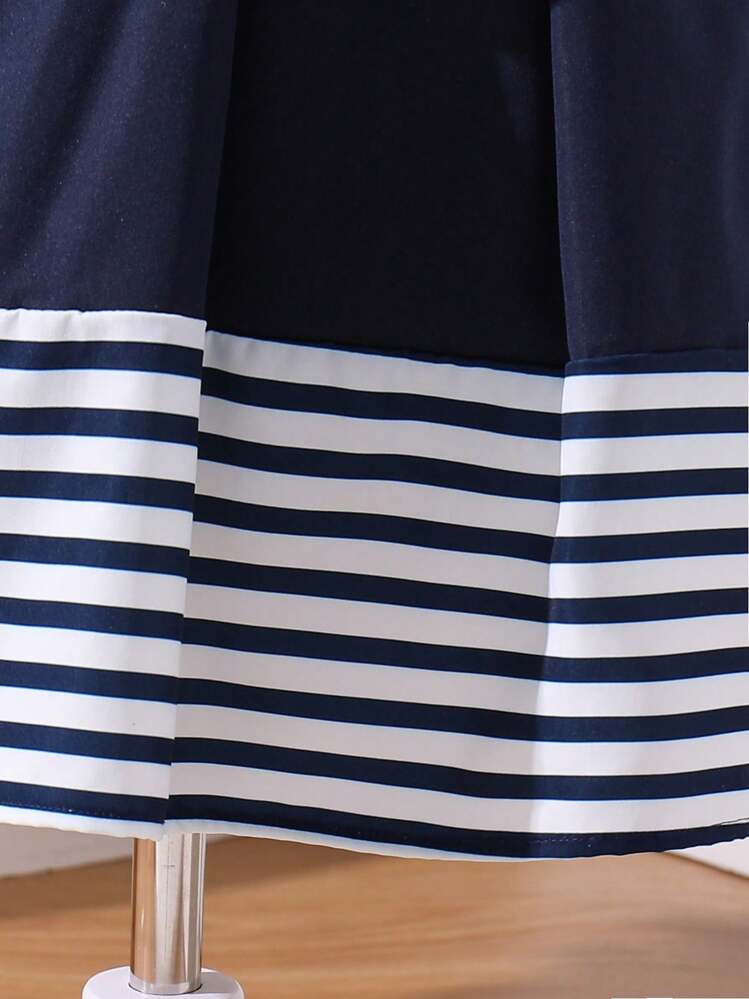 SHEIN 年轻女孩条纹连衣裙配蝴蝶结装饰帽袖和帽子套装 - 彩色 - 查看 4