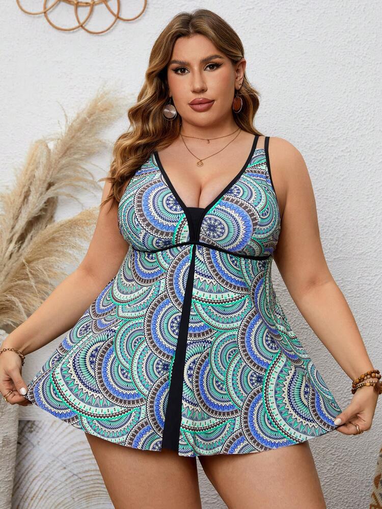 Plus Size All Over Print Two Pieces Swim Dresses Summer