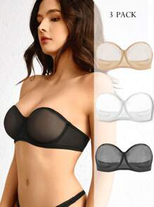 Ocili Leisure 3pcs Women's Transparent Strap &Mesh Design Bra Underwire - Multicolor - View 6