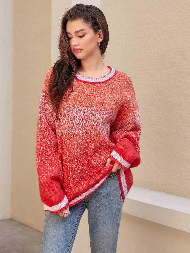 Ladies' Ombre Round Neck Knit Pullover Fall Winter Sweater