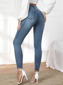 EMERY ROSE 高腰紧身牛仔裤，女士休闲纽扣、口袋、拉链高腰紧身长款中长洗水曲线紧身女式牛仔裤，春/秋，休闲日常穿着