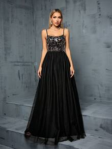 MGIACY Sequined Floral Pattern Net Chiffon Halter Evening Dress - Black - View 4