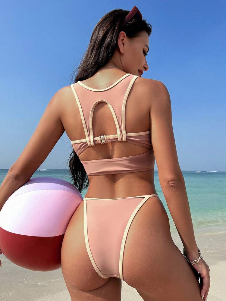 Summer Beach Contrast Binding Vest Style Tankini Set