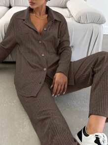 EURMUSE Solid Color Fine Ribbed Knit Leisure Comfortable Set - Brown - View 5