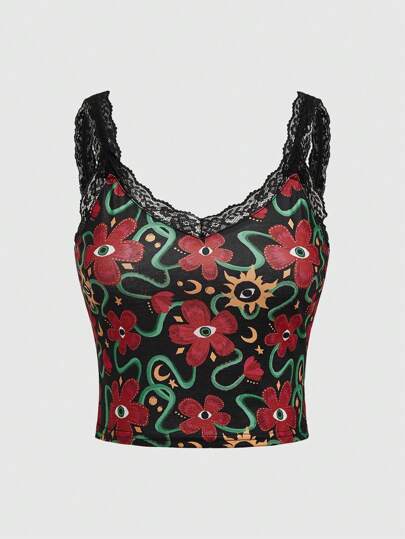 Umamao Estudio Flower & Eye Pattern Printed Lace Splicing Cami Top