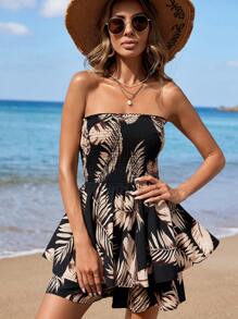 SHEIN VCAY 女士熱帶氣息印花無肩連體褲 - 黑色 - 查看 1