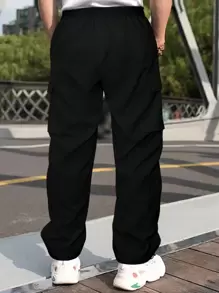 Manfinity Hypemode Men Flap Pocket Side Drawstring Waist Oversize Cargo Pants Baggy Long Plain Black Going Out, Back To School