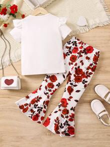 SHEIN Young Girl Flower Pattern Bow Decoration Two-Piece Set - Red and White - View 2