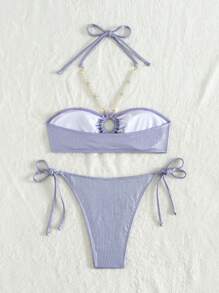 SHEIN Swim 珍珠链吊带比基尼套装狂欢夏日海滩 - 紫色 - 查看 6