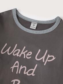 Tween Girl Slogan Printed T-Shirt And Checked Long Pants Homewear Set - Dark Grey - View 5