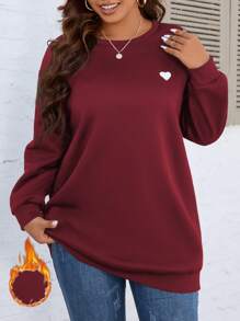 Flirla Plus Heart Print Drop Shoulder Sweatshirt, Winter Pullover Fall Sweatshirt - Burgundy - View 1