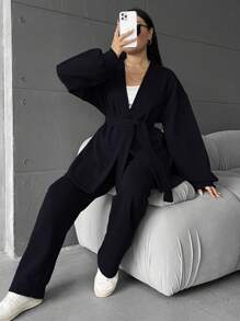 EURMUSE Plus Size Solid Color Lantern Sleeve Two Piece Set With Waist Belt - Black - View 1