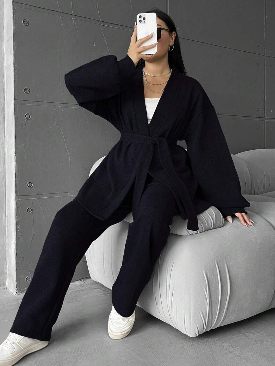 EURMUSE Plus Size Solid Color Lantern Sleeve Two Piece Set With Waist Belt - Black - View 1