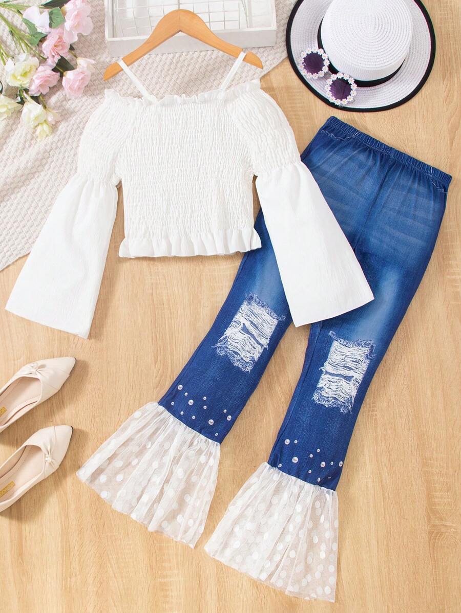 SHEIN 適用於青少年女孩的露肩上衣和喇叭褲套裝 - 白色 - 查看 1