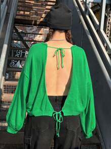 SHEIN EZwear Kích thước lớn Xu hướng: Cắt giảm Màu thuần Áo chui đầu Áo len Với Trở lại Chi tiết cà vạt - màu xanh lá - Xem 2