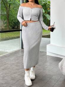 SHEIN EZwear 大尺寸萵苣邊T卹和裙子套裝 - 灰色 - 查看 4