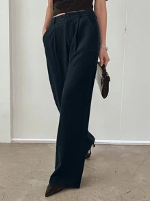 DAZY Solid Color Slanted Pocket Suit Trousers Without Belt - Navy Blue - View 3