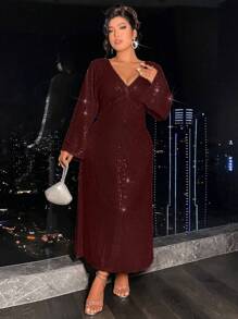 Allurite Plus Size V-neck Bell Sleeve Dress - Burgundy - View 5