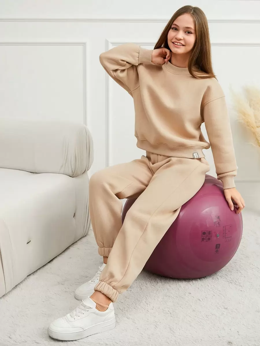 RueChic Teen Girl Drop Shoulder Sweatshirt And Jogger Pants Set - Beige - View 1