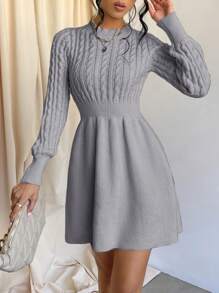 Cloudara Solid Color Knitted Sweater Dress - Grey - View 6