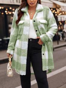 Calvaya 女款大尺碼格子泰迪熊大衣(附翻蓋) - 綠色 - 查看 4