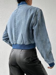 RueChic Women's Baseball Collar Cropped Denim Jacket - Medium Wash - View 2