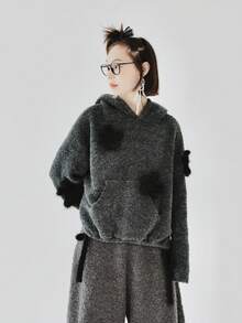 Ba chiều Trang trí Túi kangaroo Áo nỉ có mũ - Xám - Xem 3