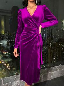 SHEIN Clasi 泡泡袖交叉包身絲絨連衣裙 - 中紫紅色 - 查看 1