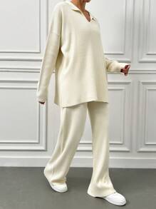 EURMUSE 2 Unids/set Suéter Con Cuello Vuelto De Color Sólido Y Traje De Pantalones Largos - Beis - Ver 3